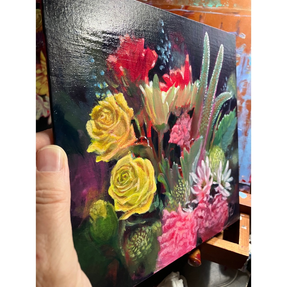 Original Painting floral still life ladybugs Rose bouquet Art 2026 USA Artettina - Picture 5 of 7